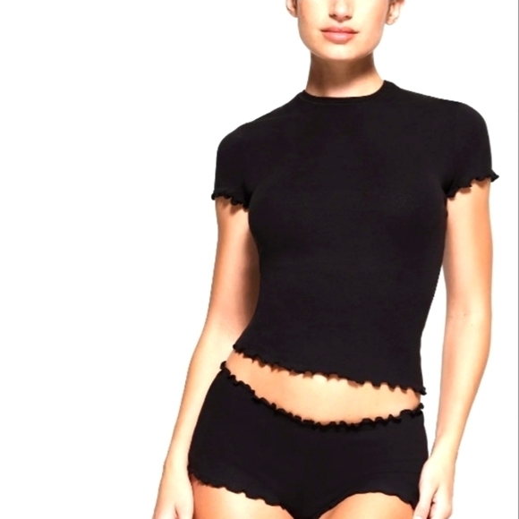 Skims Logo Pointelle t-shirt with ruffle edges - Picture 1 of 7